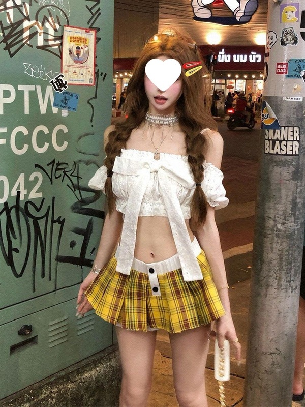 套装女夏季纯欲新款甜辣蝴蝶结短款抹胸上衣+复古格子百褶半身裙|undefined