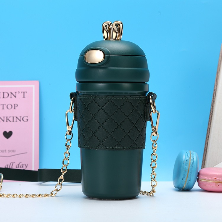 Moda lindo conejo rebote paja taza 304 Acero inoxidable taza de vacío de las mujeres portátil crossbody conejo taza de agua al por mayor