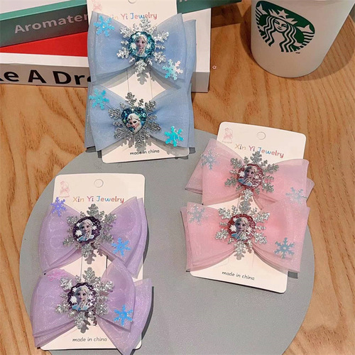 Girls Princess Frozen Hair Clip Elsa Bow Hair Clip Double Layer Mesh Top Clip Girls Suit Hair Accessories