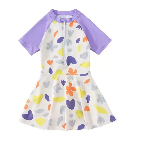 Children's Sun Protection Swimsuit 2025 Long-Sleeved One-Piece Swimsuit for Little Girls, Middle and Large Children, Women's One-Piece Short-Sleeved Swimsuit
