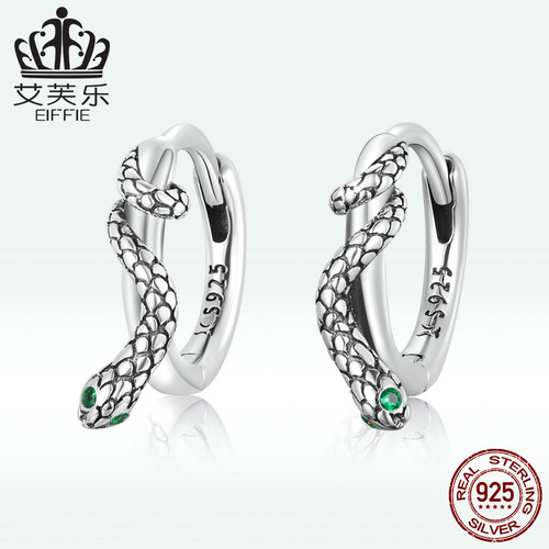 Afler European and American hot selling sterling silver s925 snake earrings simple green zircon line striped earrings