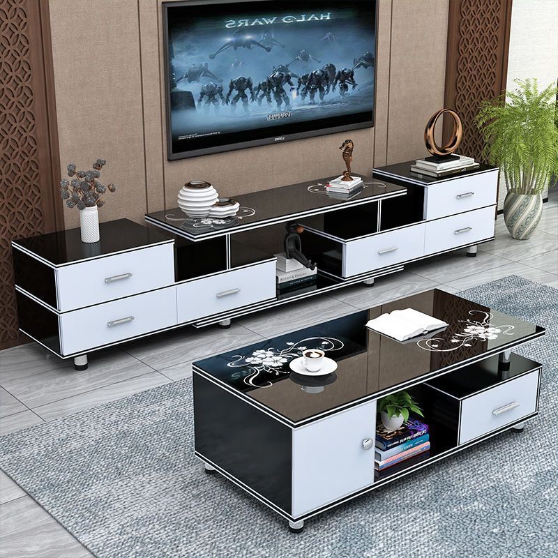 リビングルームのテレビキャビネットとコーヒーテーブルの組み合わせシンプルでモダンな強化ガラステレビキャビネット格納式多機能フロアキャビネット家具|undefined