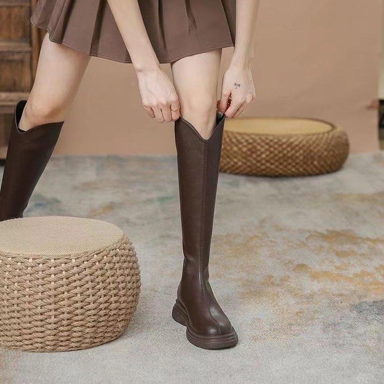 Women's Slimming Long Boots, Autumn and Winter 2024 New Style, Thick-Soled, Fashionable, Versatile, High-Top, Flat-Soled, Knee-High Boots with Fleece Lining