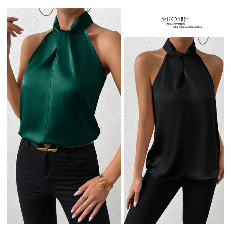 2025 verano nuevo estilo de las mujeres europeas y americanas satén cuello halter sin mangas chaleco de seda de imitación satinado top spot al por mayor