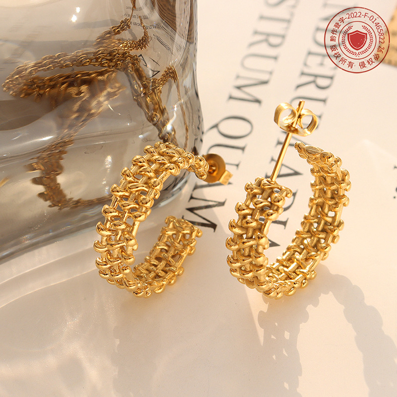 法式ins夸张编织C型设计通勤职场女生耳环耳饰钛钢镀18K金 F634