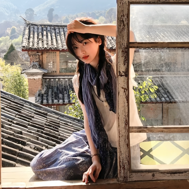 云南旅游腰果花薄款复古文艺棉麻围巾女褶皱丝巾系脖长条披肩纱巾|undefined