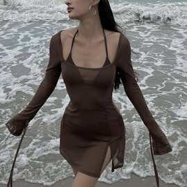 厂家直销感辣妹气质透视网纱三件套长袖比基尼bikini泰国泳衣女