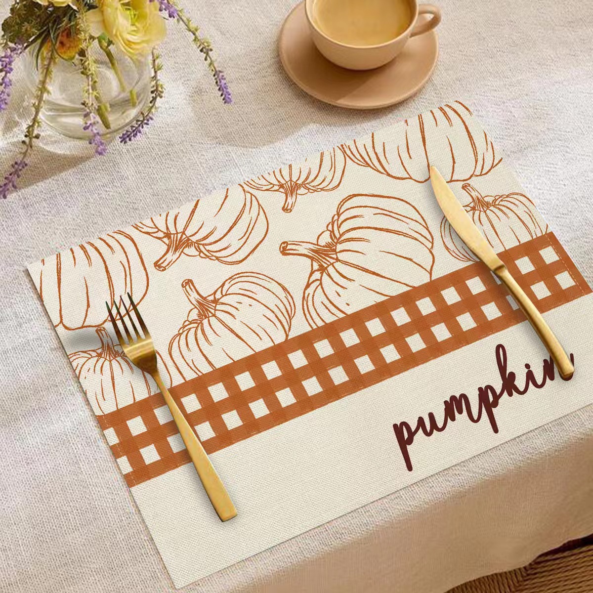 Transfronterizo temu explosión Día de Acción de Gracias otoño calabaza lino estampado conjunto lino estampado mesa de restaurante