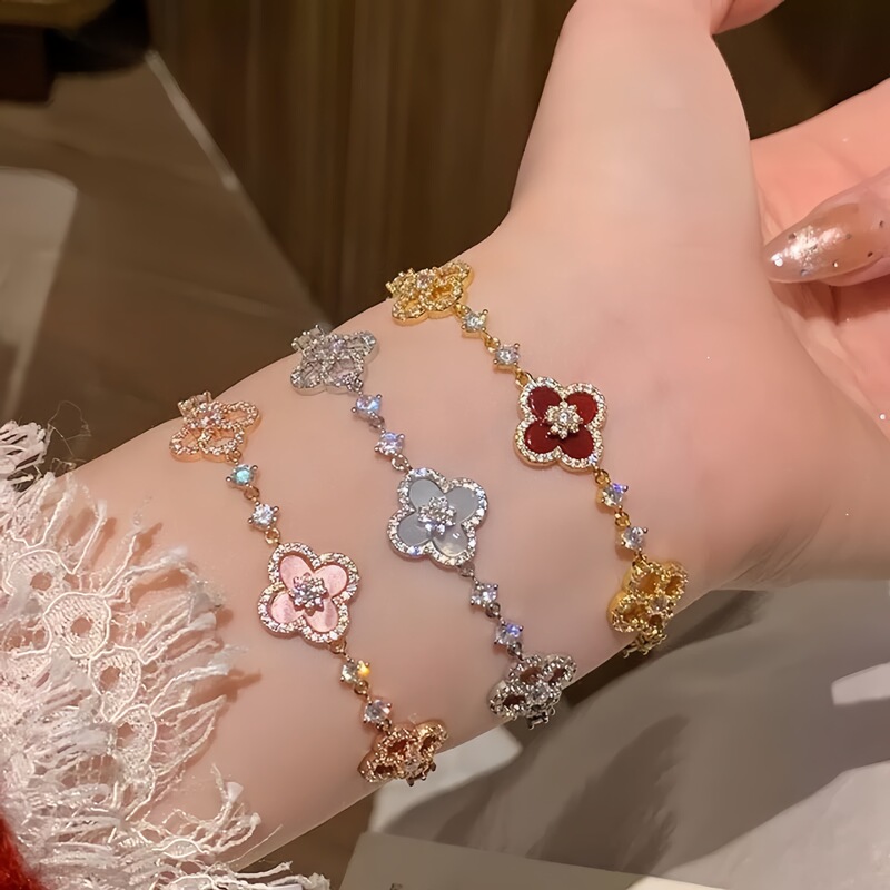 S925纯银天然粉贝母四叶草手链女轻奢精致高级感小众设计复古手饰|undefined