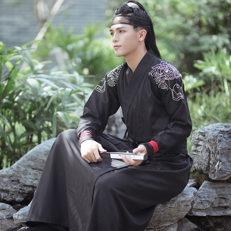 Black Dragon Pattern Embroidered Men's Handsome Chinese Style Han Dynasty Traditional Scholar's Costume Men's Ancient Costume Suit