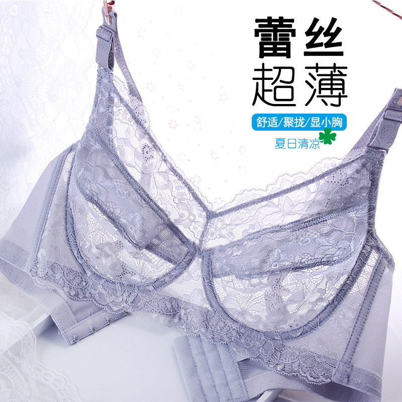 Sponge-Free Cut Out Ultra-Thin Sexy Lace Women's Intimates Large Size Bra Push-Up Full Cup Bra with Steel Ring