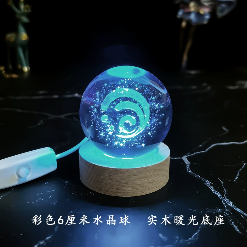 Ночная лампа кристальный шар (Genshin Impact), 3D-гравировка семи стихий, LED или деревянная подставка