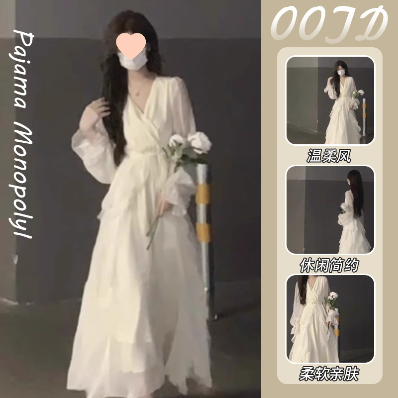 French Gentle Style Collar Long-Sleeved Milky White Dress Autumn New Waist Slimming First Love Long Dress French Gentle Style Collar Long-Sleeved Milky White Dress Autumn New Waist Slimming First Love Long Dress