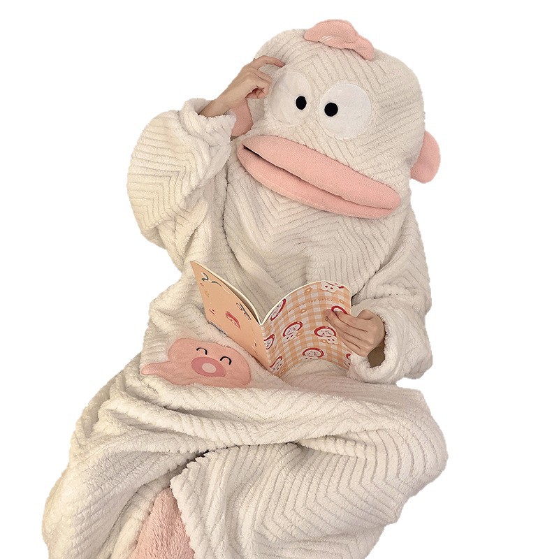 Nuevo invierno en línea rojo unido ropa de dormir mujer encantadora dibujos animados pescado de boca grande más terciopelo espeso jacquard ropa de dormir casera