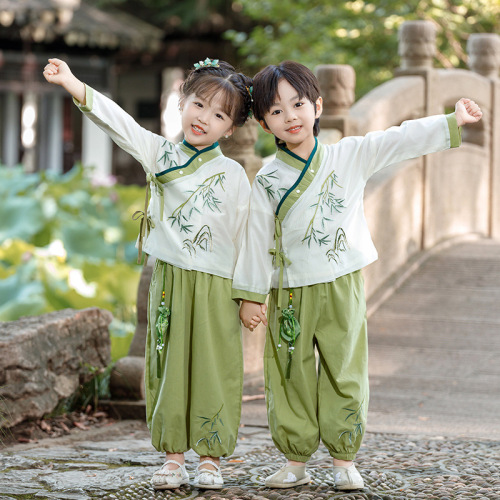 Spring and Autumn Style Children's Ancient Chinese Hanfu Long-Sleeve Set, Chinese Style for Both Boys and Girls, Mid-Autumn Outing, Green Bamboo Baby Tang Suit