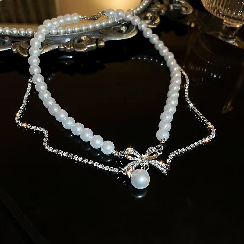 Fairy Style Bow Knot Artificial Diamond Artificial Pearl Alloy Wholesale Pendant Necklace display picture 4