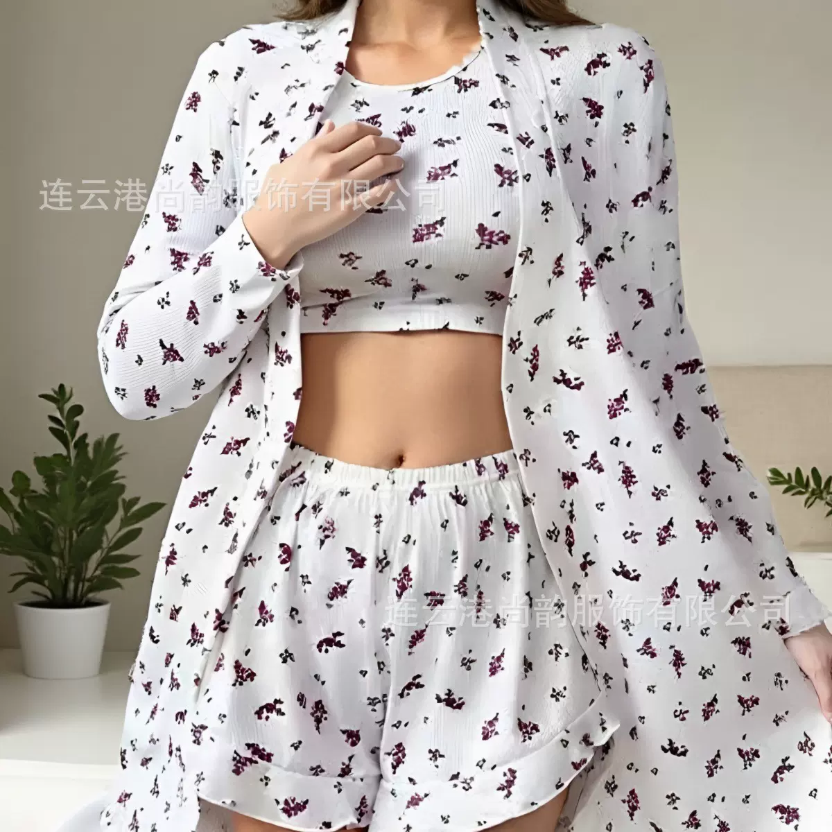 新款针织长袖开衫印花睡衣女秋季欧美吊带外套长裤家居服三件套装