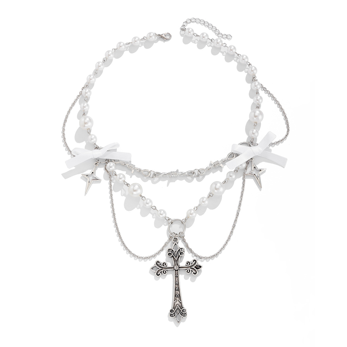 Collana con fiocco metallico a croce e piccola perla artificiale in lega fresca con catena a clavicola_voghion.com
