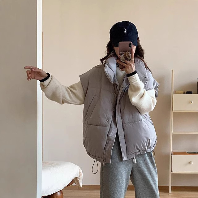 2026 New Large Size Gray Stand-Collar Cotton Vest Autumn and Winter European Style Fashionable Korean Design Thickened Vest for Women