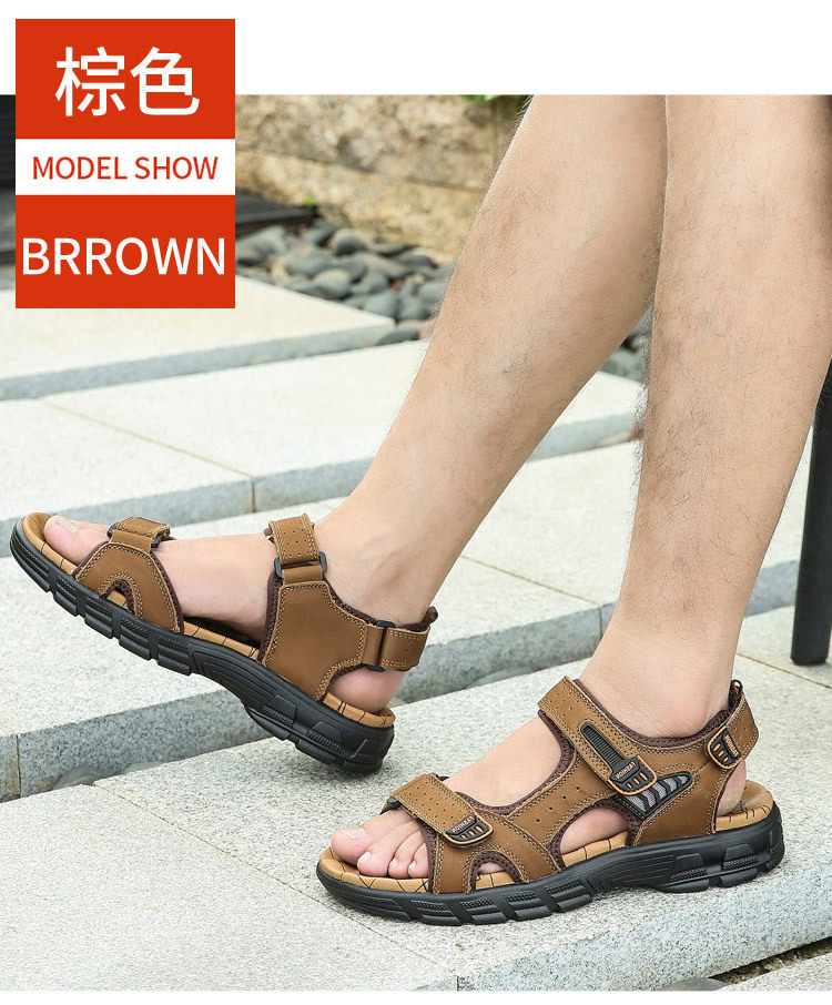 Dép sandal nam da bò hở mũi đế dày, quai buộc thoáng khí cỡ lớn — màu đen, vàng, Màu nâu chi tiết 14