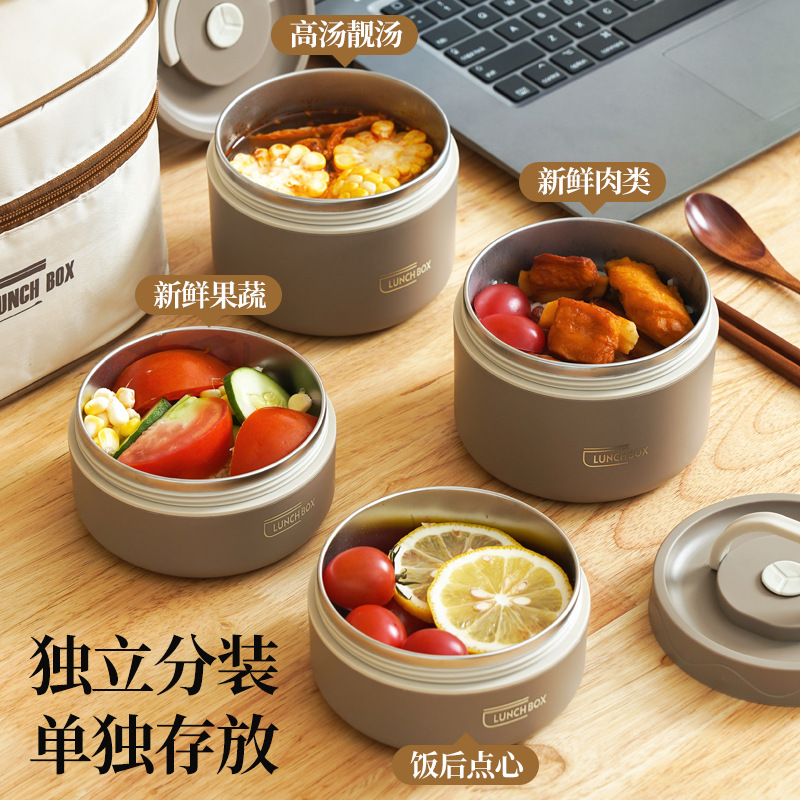 304 caja de almuerzo aislada de acero inoxidable embalaje redondo portátil caja de almuerzo portátil traje japonés multi-capa pequeño cubo aislado