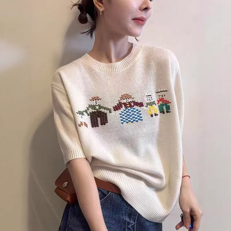 Cartoon-Style Embroidered Knit Sweater for Women, Short-Sleeved, Round-Neck, Loose and Soft, 2026 Spring New Style, Simple and Versatile Top Cartoon-Style Embroidered Knit Sweater for Women, Short-Sleeved, Round-Neck, Loose and Soft, 2026 Spring New Style, Simple and Versatile Top