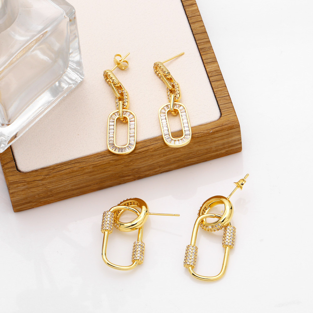 2022 new geometric oval copper gold-plated inlaid zircon earrings