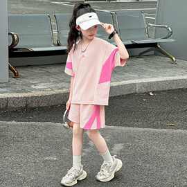女童韩版休闲套装中大童夏季新款洋气拼色短袖时髦短裤薄款两件套