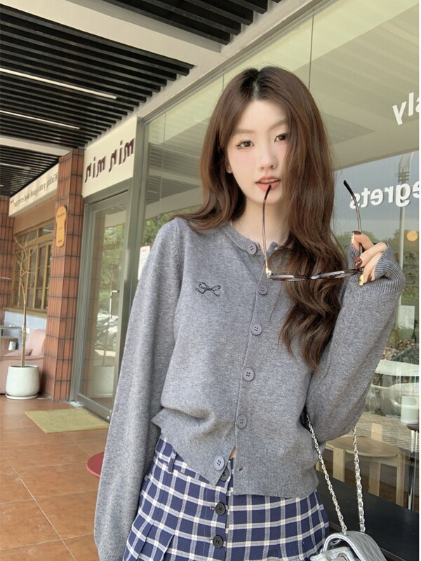 甜美蝴蝶结百搭长袖针织开衫外套女秋冬2025新款韩系休闲气质上衣|undefined