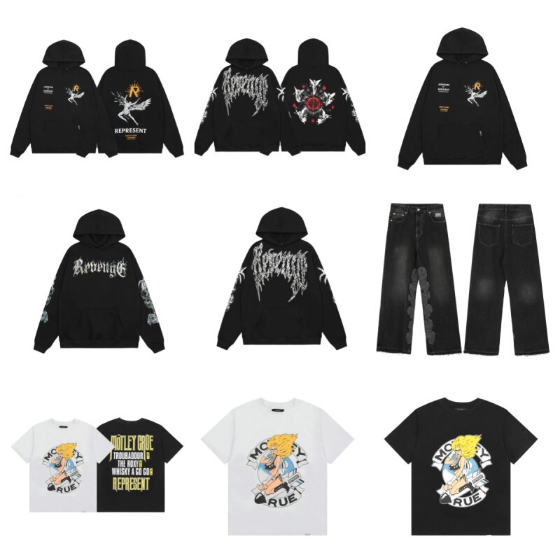 Cross-border Wholesale REPRESENT Flame Wing God Skull High Street Loose Men's and Women's Hooded Sweatshirt Jeans Short Sleeve