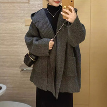 2025秋冬新款宽松洋气港风毛呢外套大衣女连帽加厚口袋针织开衫女