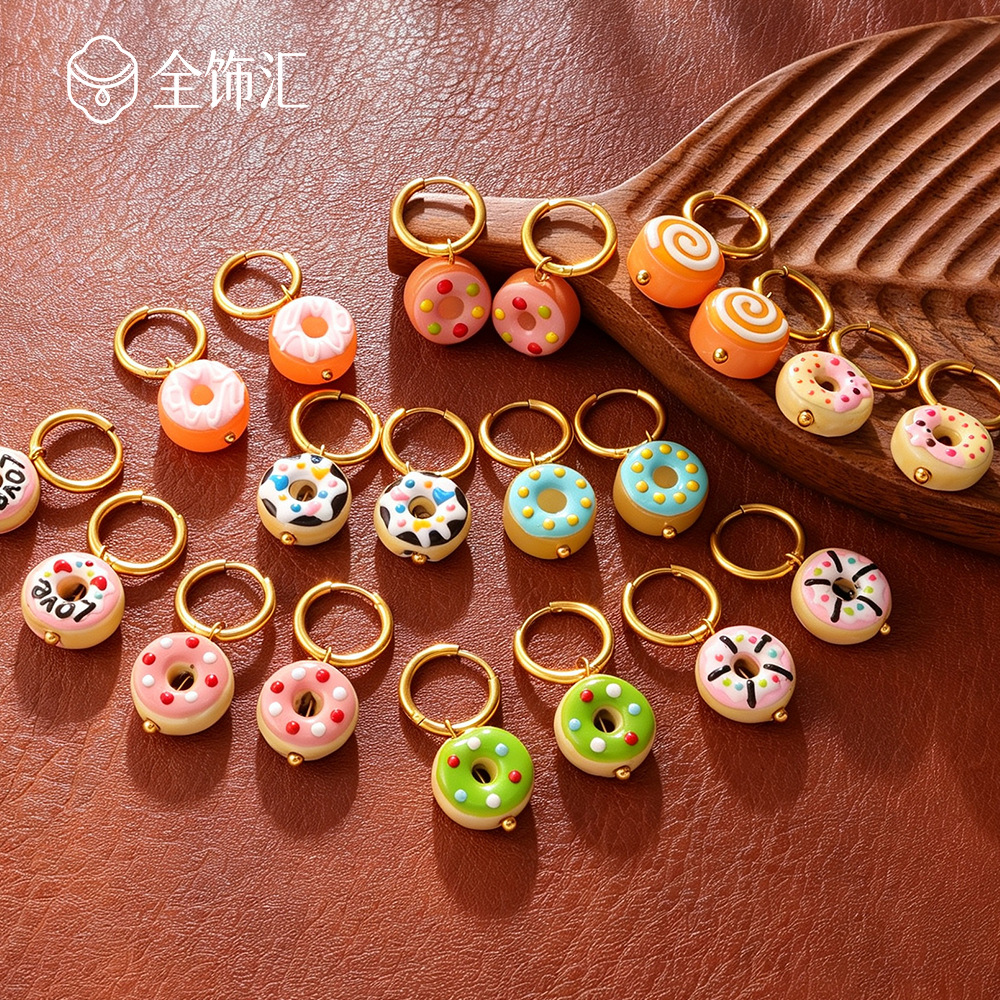 Ins-style simulated 3D candy donut earrings, stainless steel gold-plated, various frosted donut pendant earrings