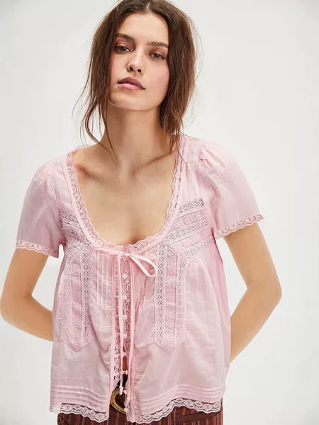 Pink Lace-Up Short-Sleeve Shirt, French Retro V-Neck Hollow-Out Lightweight Top, New Summer Cross-Border Women's Fashion
