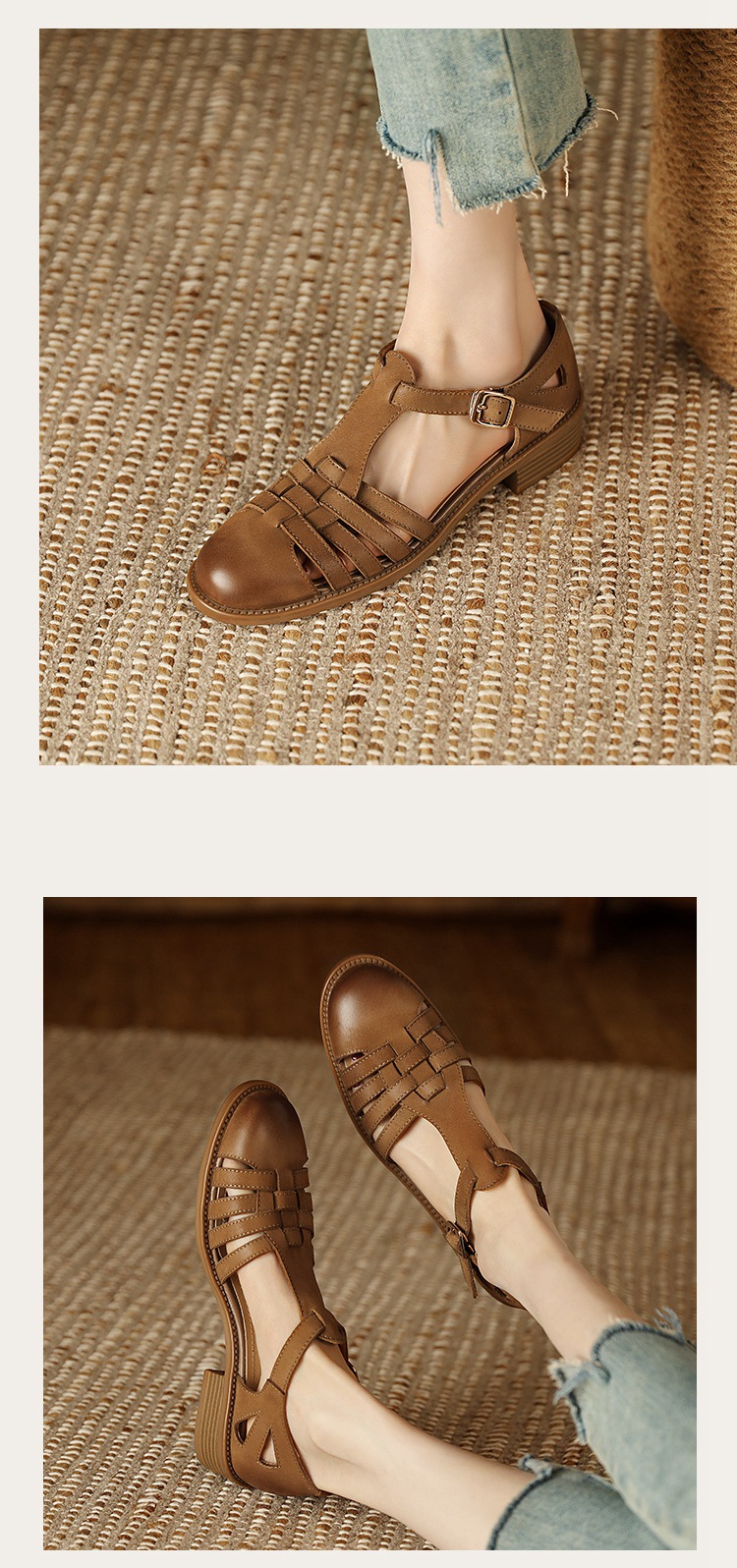 Sandal bít mũi da cừu phong cách La Mã quai chữ T dệt cho nữ — Màu caramel chi tiết 15