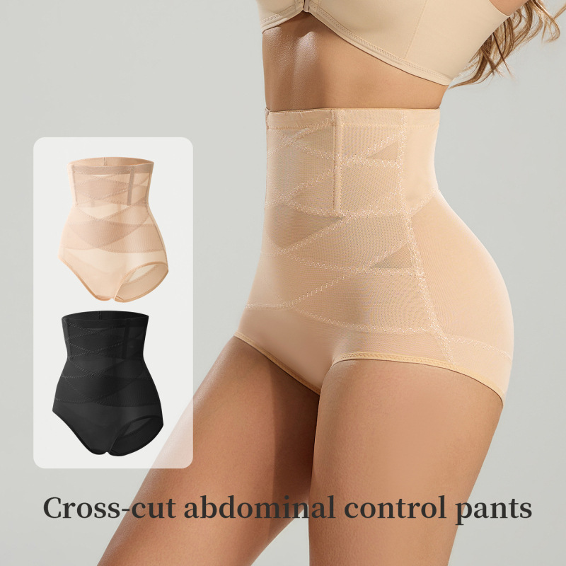 Cross-border foreign trade S---3XL size high-waisted tummy control pants for body shaping and postpartum recovery, breathable mesh fabric