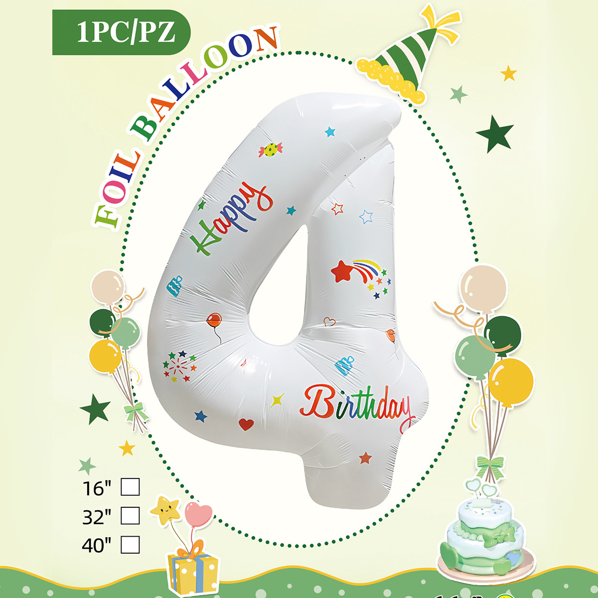 Embalaje de tarjeta de papel independiente digital de cumpleaños impreso en blanco de 32 pulgadas, decoración de fiesta de la versión estadounidense, película de aluminio, decoración de globos de papel de aluminio