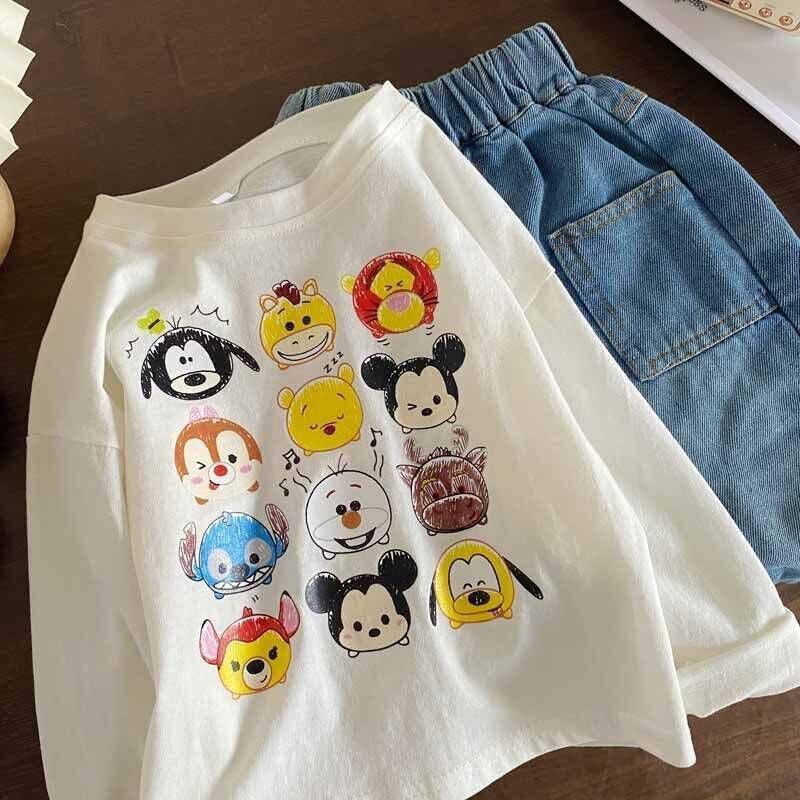 Cotton Long-sleeved T-shirt Boys and Girls Japanese Style Cute Printed 2024 Autumn Korean Style Loose White Base Shirt Cotton Long-sleeved T-shirt Boys and Girls Japanese Style Cute Printed 2024 Autumn Korean Style Loose White Base Shirt