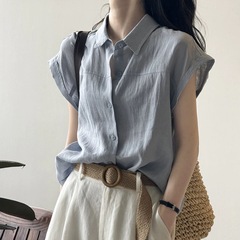 女性用の高級リネンブルー半袖シャツ、夏の通勤着用シャツ、小さなフライングスリーブコットンとリネントップ、高級感