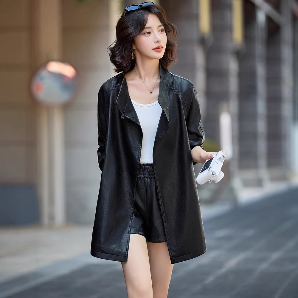 Haining Leather Jacket for Women 2026 New Autumn Style Sheepskin-Like Stand Collar Mid-Length Trench Coat Women's Outerwear