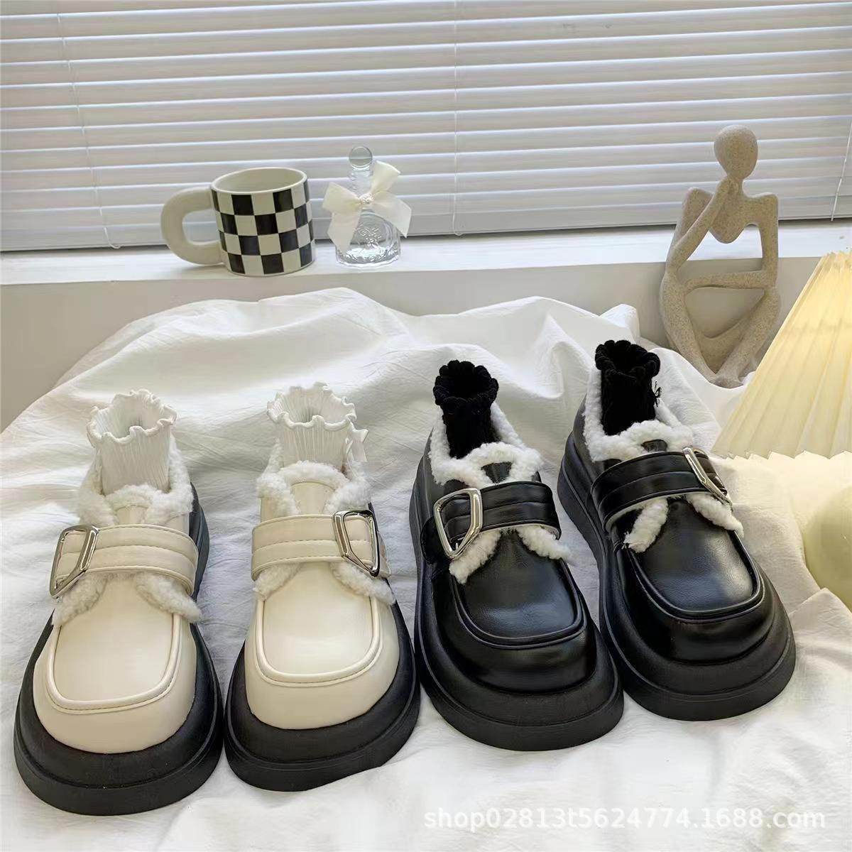 Black insulated winter retro Japanese keep warm shoes platform…