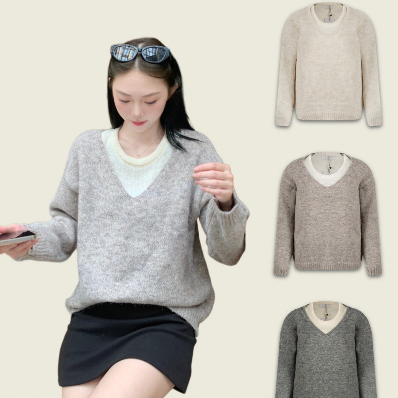 South Korea's Dongdaemun Modimood V Neck Knitted Long-Sleeved Vest Sweater Layered Two-Piece Suit Women's Trendy Ins