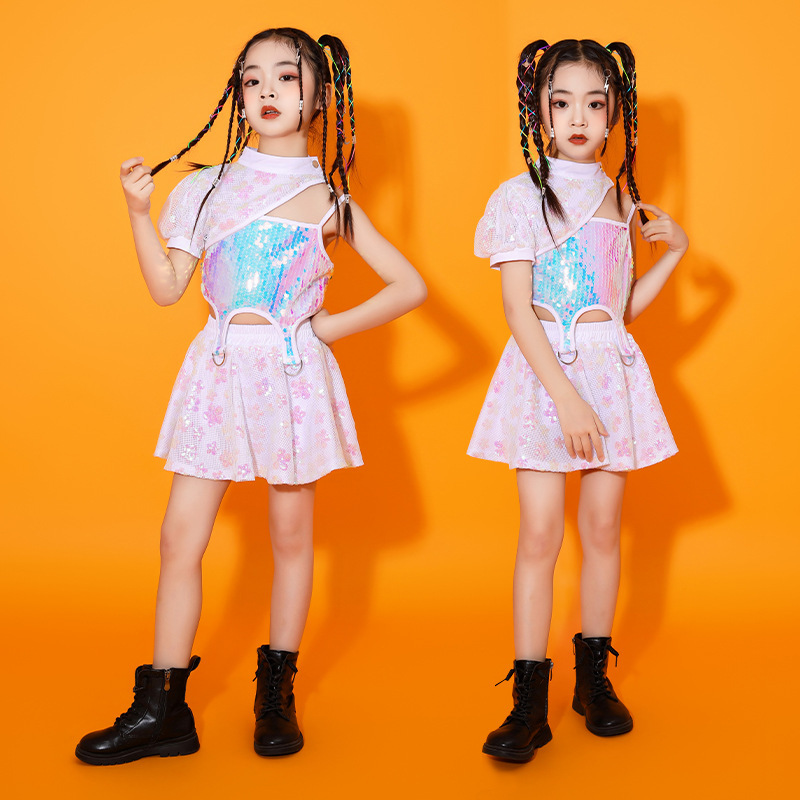 Children's pink sequins street hiphop jazz dance performance costumes party dresses cheerleaders uniforms for girls rapper singers modern dance outfits