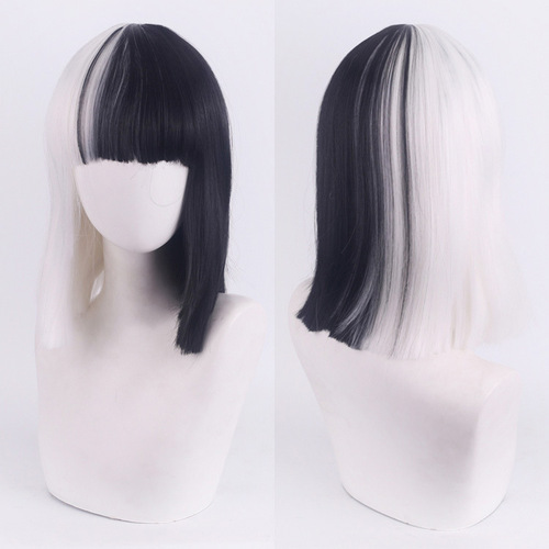cos wig 101 loyal dog Cruella de Vil black and white witch color matching short curly hair
