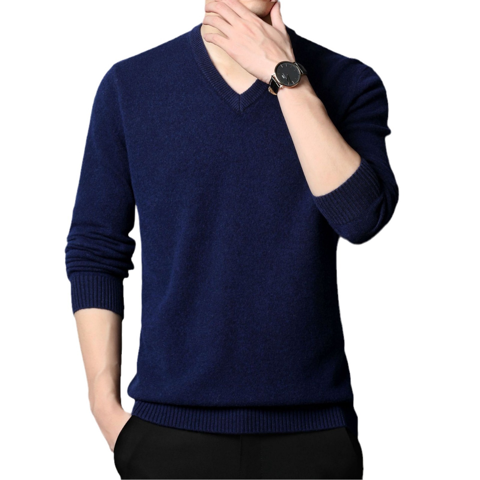 100 양 양모 남자의 두꺼운 따뜻한 긴팔 스웨터 중년 양모 양모 겨울 스웨터 치킨 칼라 V-NECK