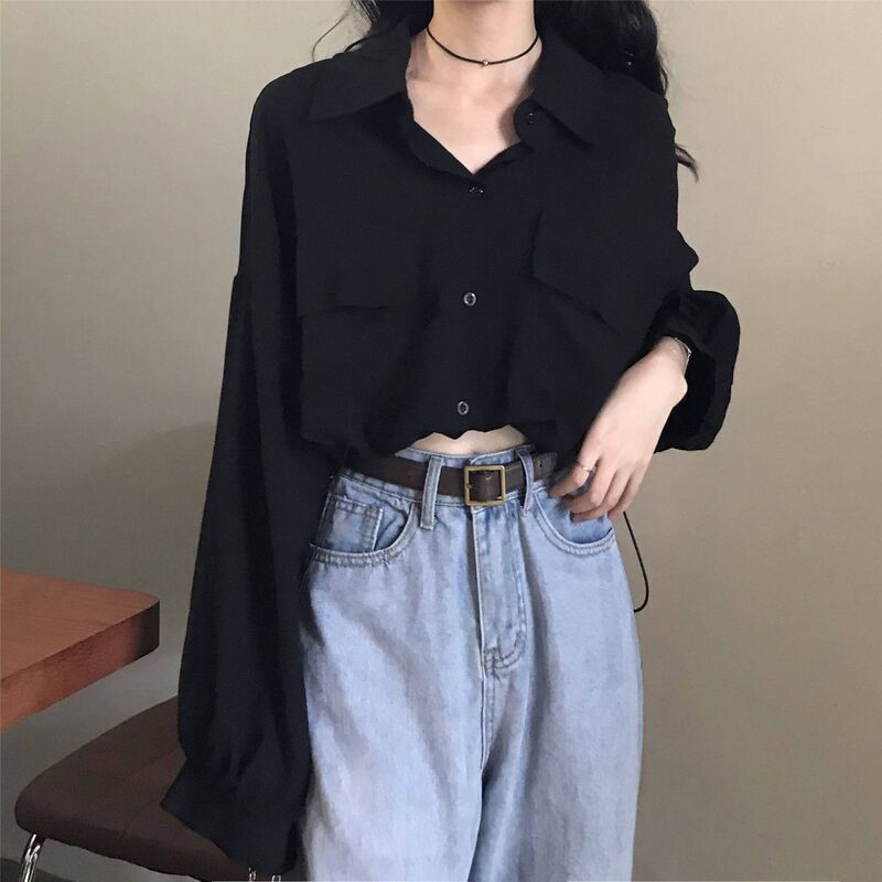Hot Girl Slimming Look Pure Black Polo Collar Long-Sleeved Shirt Women's Top Spring & Fall Shirt Cardigan Street American Short Style