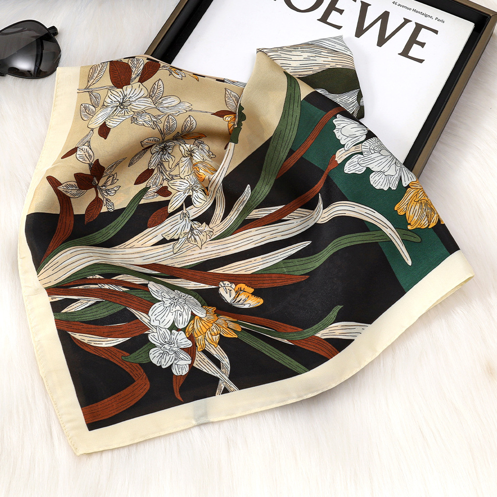 Pañuelo de seda de imitación a cuadros retro 70, babero floral de moda de nicho, chal, bolso de mujer, pañuelo de seda, regalo de mano