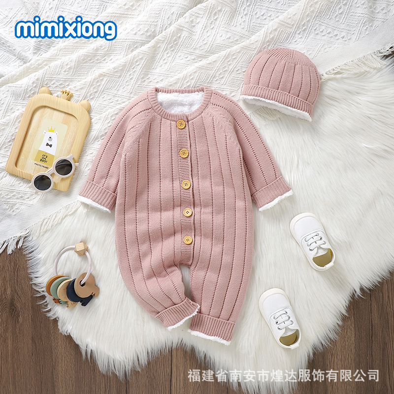 インホット販売ベビーワンピース服無地プラスベルベットロンパーススーツニット男性と女性の暖かい服秋と冬|undefined