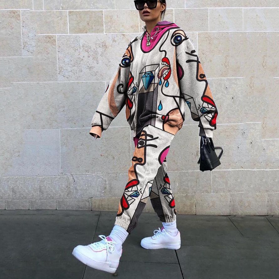 Conjunto de Sudadera Informal con Cuello Redondo y Estampado Holgado para Mujer, Estilo Europeo y Americano, Novedad de Comercio Exterior Transfronterizo para Otoño 2025