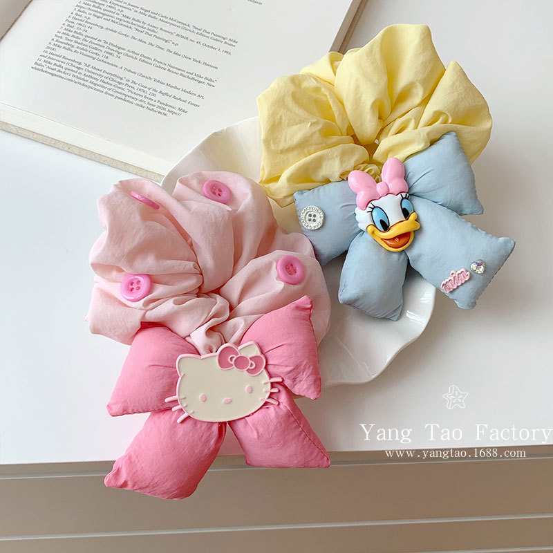 Linda caricatura rosa kitty bowknot intestino grueso anillo para el cabello femenino coreano de alta gama todo-fósforo tocado accesorios para el cabello