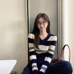 飘带挂脖v领条纹毛衣女2025早秋季显瘦内搭打底针织衫短款女上衣